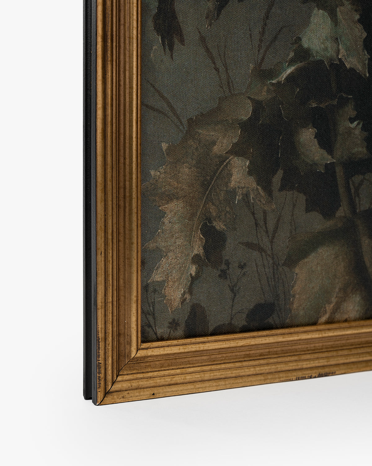 Close-up of the bottom left corner of Thistle Down, a framed painting featuring dark, earthy leaves and subtle plant details. A grooved wooden frame with natural finish further enhances this elegant piece of flower wall art by McGee & Co.