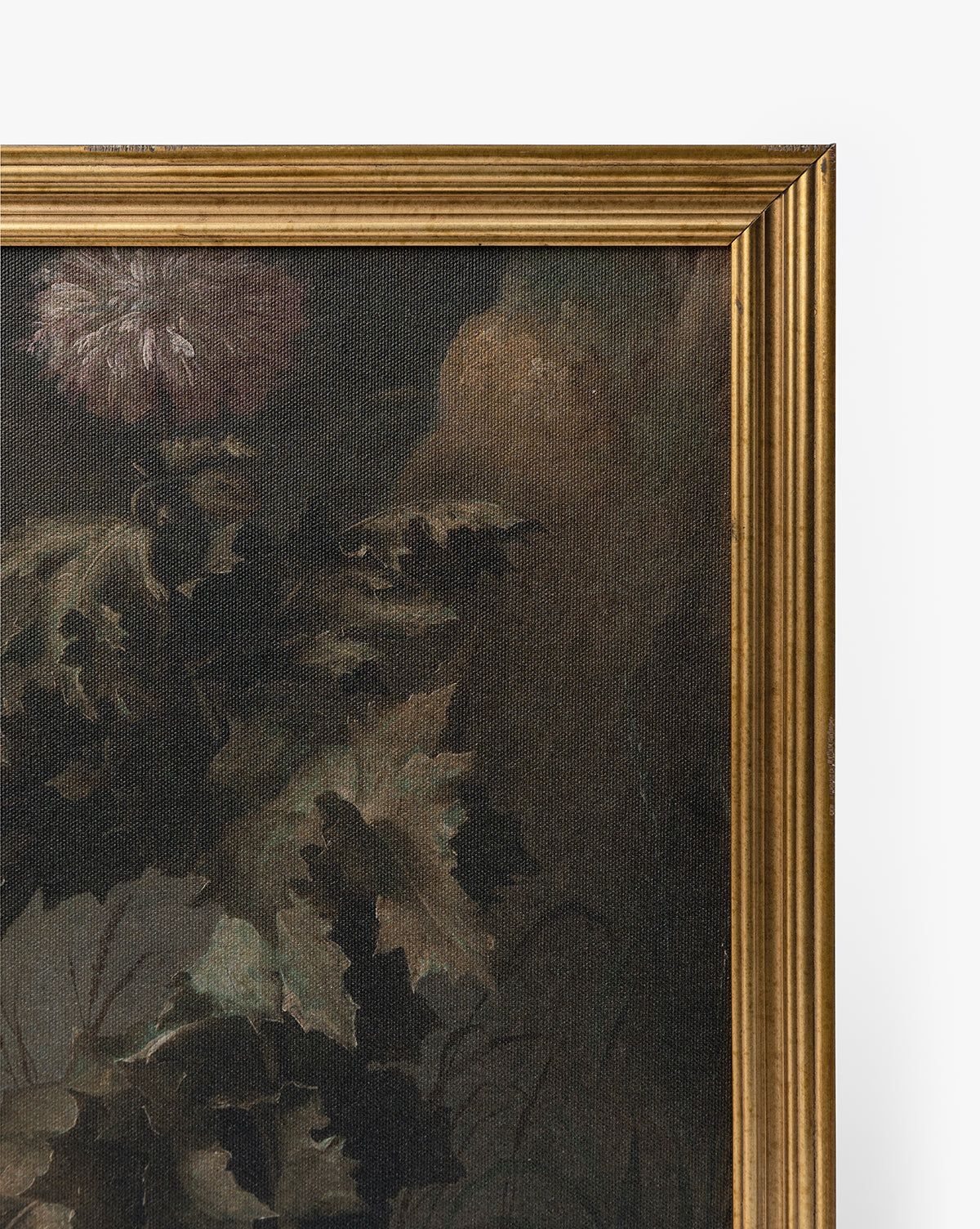 A close-up of Thistle Down, featuring dark green leaves and a purple thistle down flower on textured canvas in an antique gold frame—ideal for anyone who loves flower wall art, by McGee & Co.
