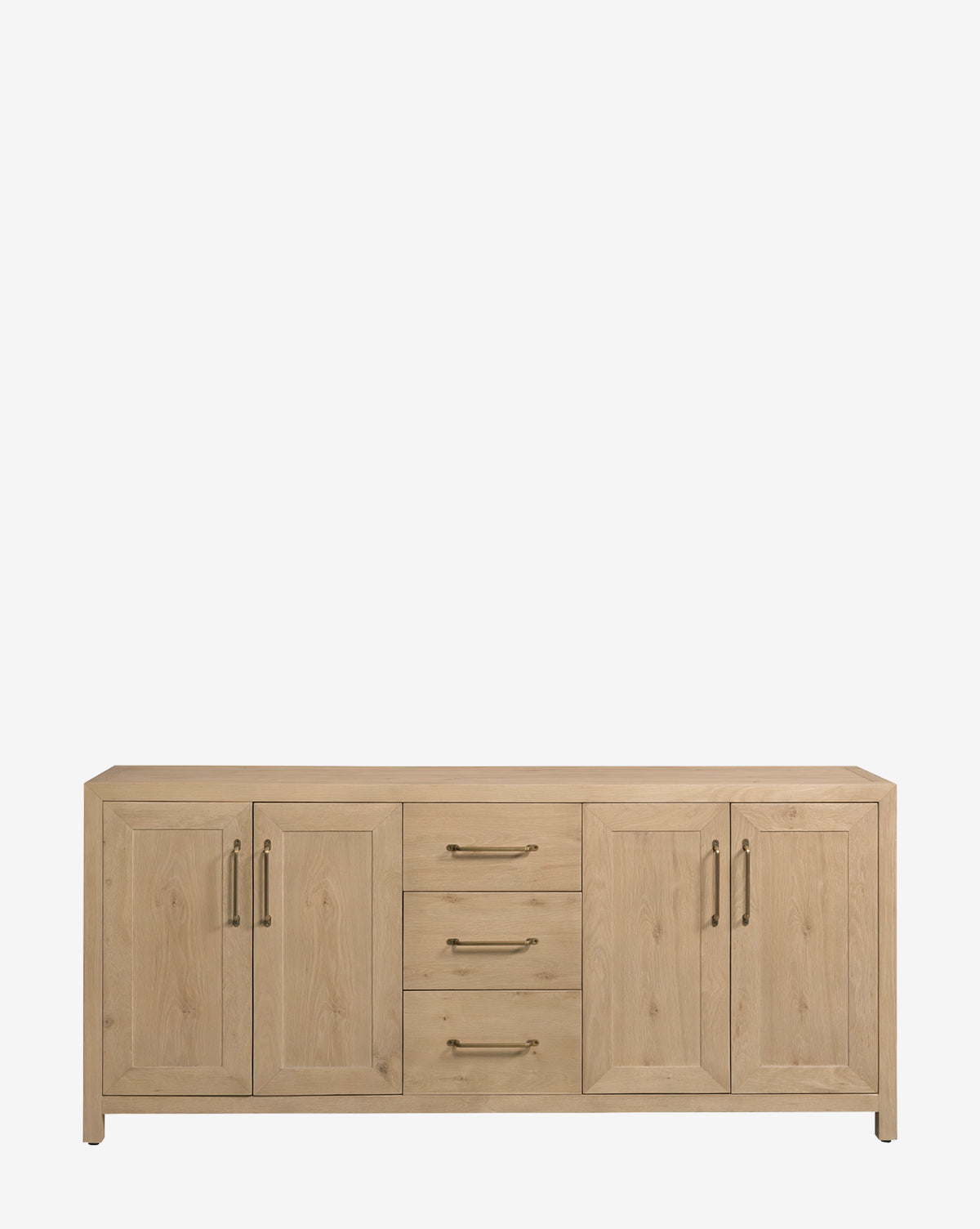 The Jax Console, crafted from light oak wood, features four central drawers and two side cabinets with vertical handles, all set on short legs. It is shown against a plain white background by McGee & Co.