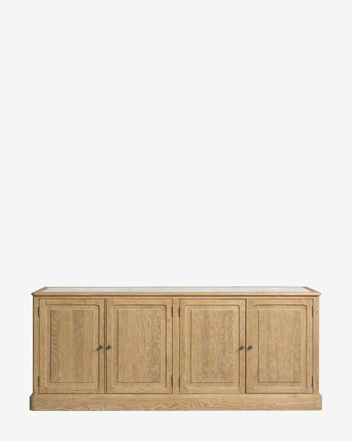 The Thorne Sideboard, crafted from oak with a natural light finish and four paneled doors accented by simple brass hardware, is shown against a plain white background by McGee & Co.