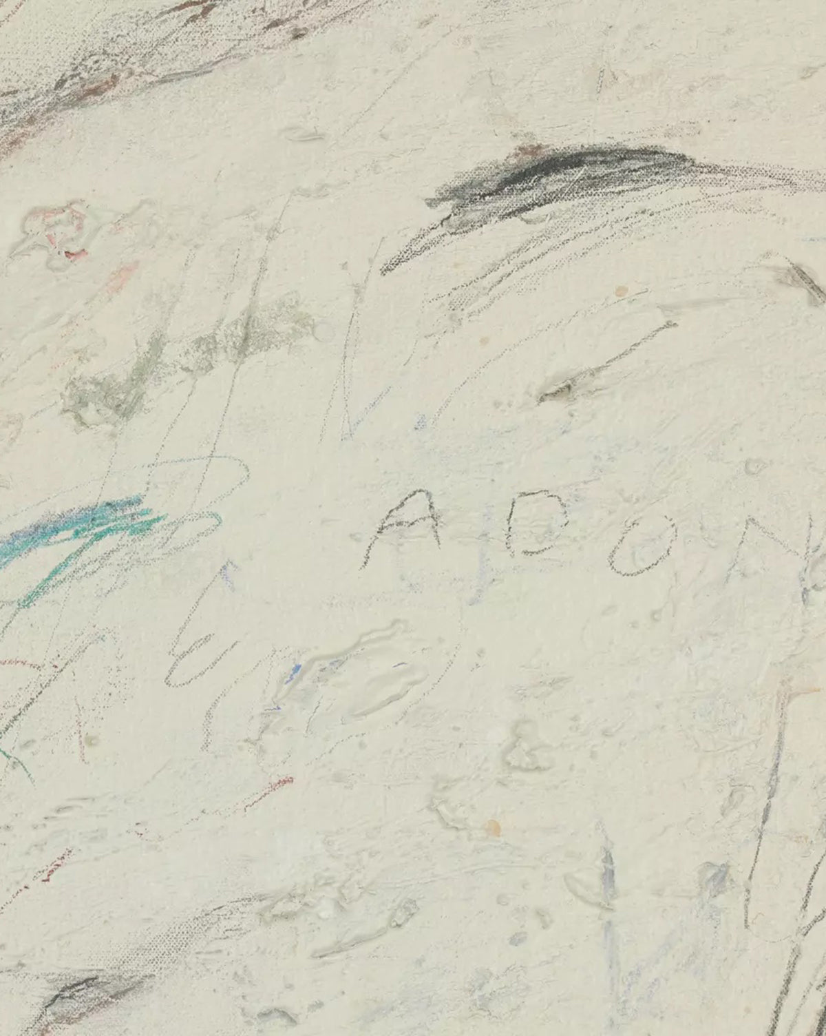 A textured white wall displays To Show the Way by Tyler Guinn, abstract art with pencil and crayon scribbles, faint multicolored lines, and the partially visible word ADON among expressive brush strokes by McGee & Co.
