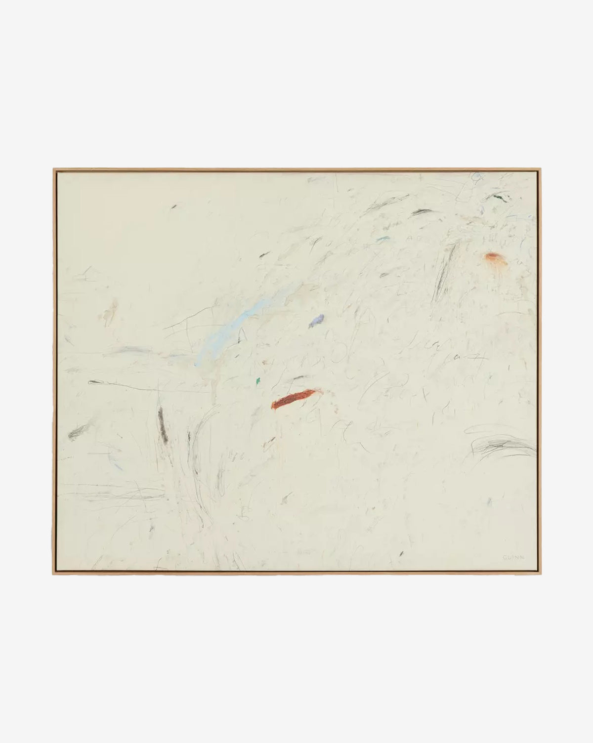 To Show the Way by Tyler Guinn is an abstract artwork with a mostly white background, subtle lines and brush strokes in light blue, red, orange, and gray. The minimalist piece features soft details and comes in a thin brown frame, by McGee & Co.