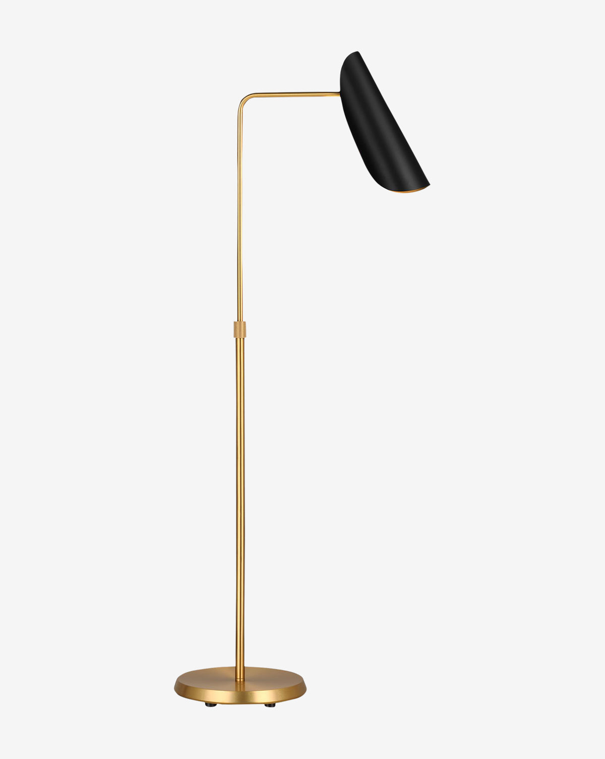 The Tresa Floor Lamp features a slender gold stand, round base, and angled black shade. Its minimalist, contemporary design with an elegant burnished brass finish is perfect for enhancing any modern living space, by McGee & Co.