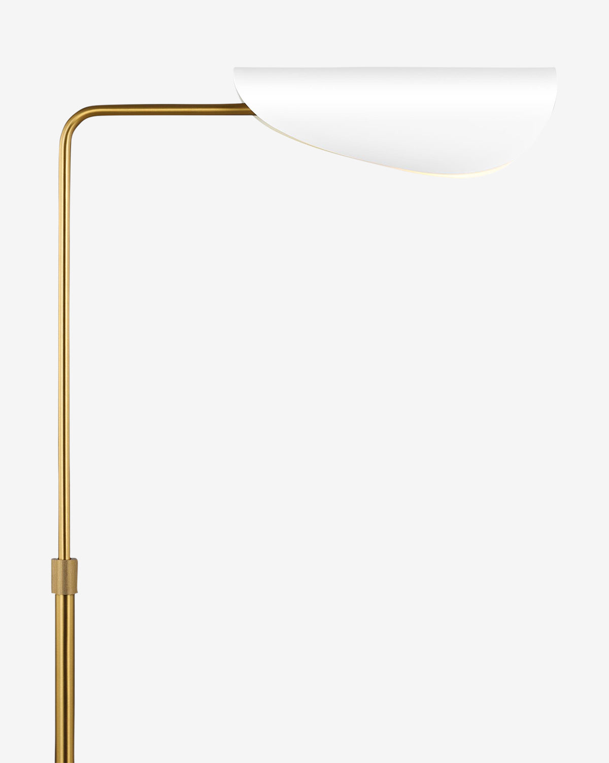 The Tresa Floor Lamp features a slim, burnished brass-finish stand and an upward-angled white semi-circular shade, set against a light gray background—an elegant, modern choice to enhance any living space, by McGee & Co.