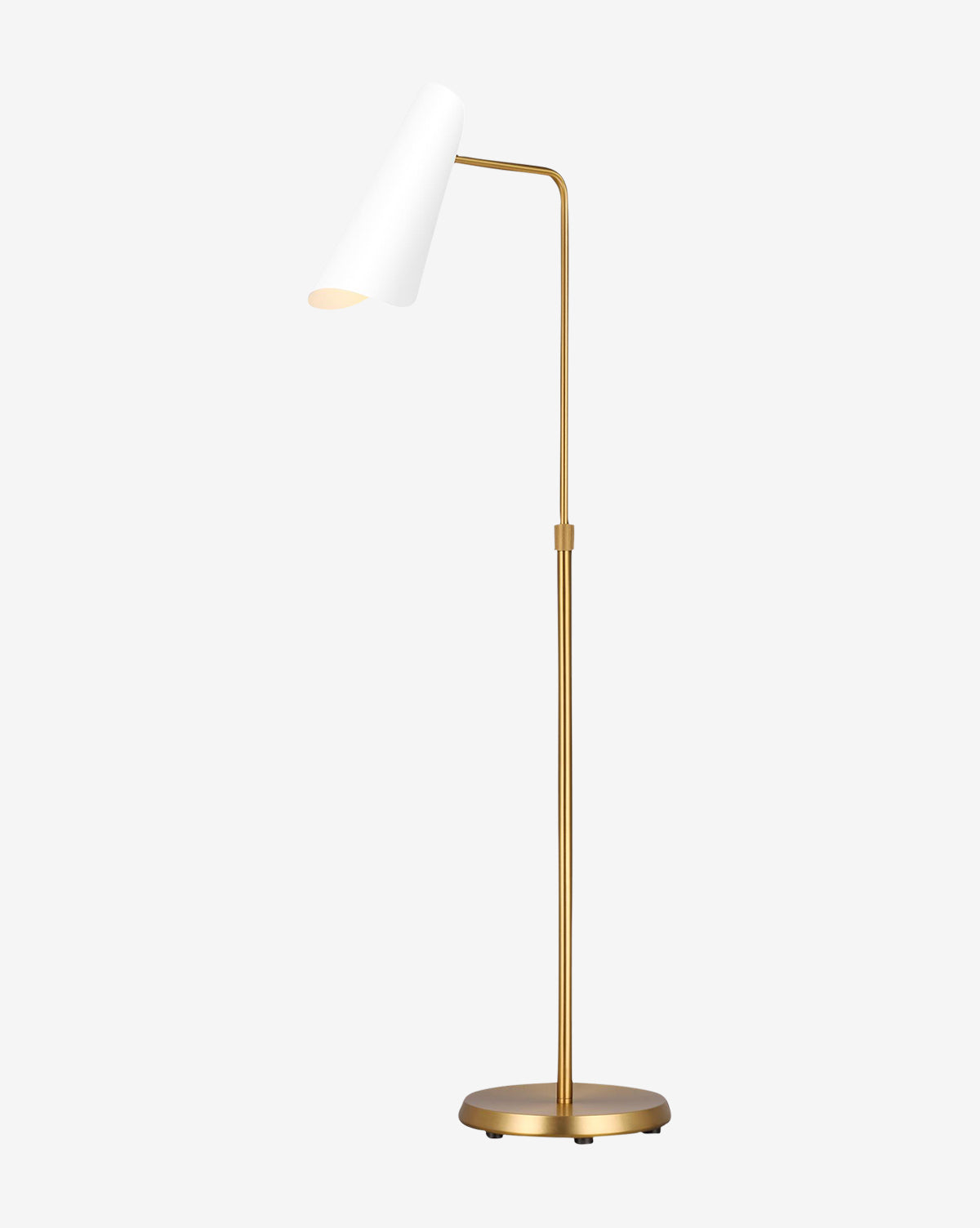 The Tresa Floor Lamp features a slim gold metal stand in burnished brass and a white cone lampshade, offering modern style that elevates any living space against a light background, by McGee & Co.
