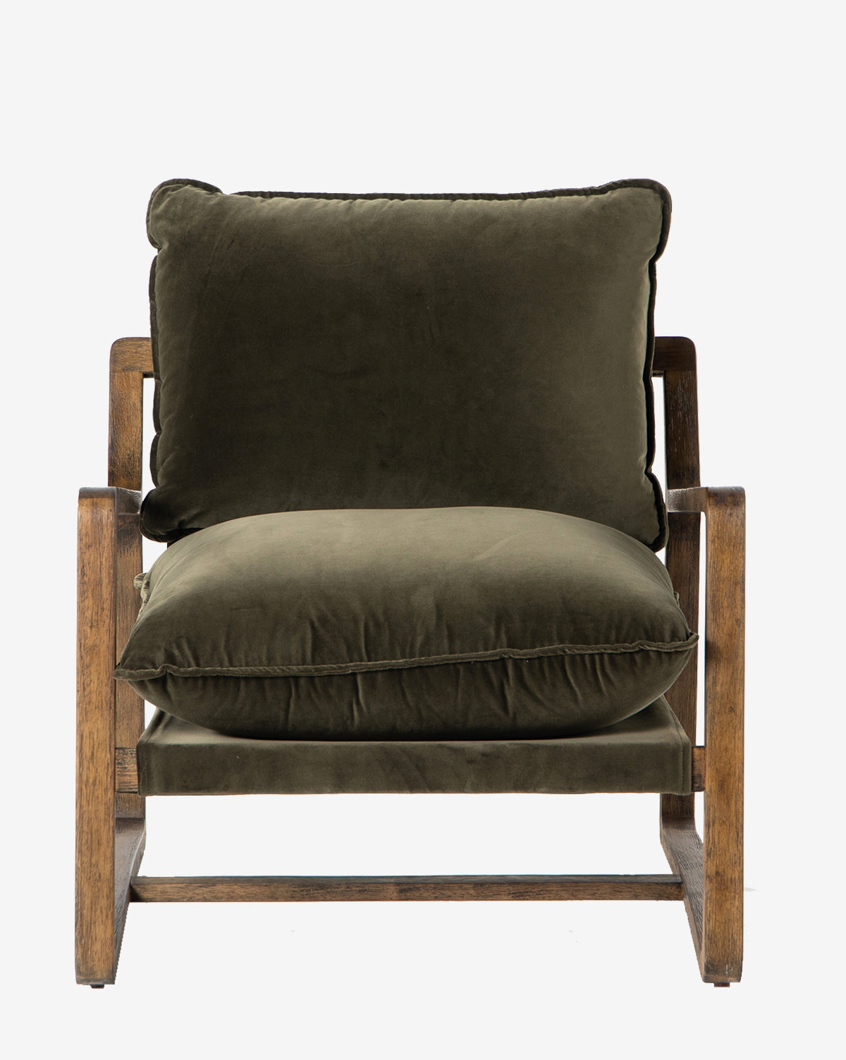 The Ura Lounge Chair features a solid ash frame and thick, plush olive green velvet cushions on the seat and back, displayed against a plain white background.