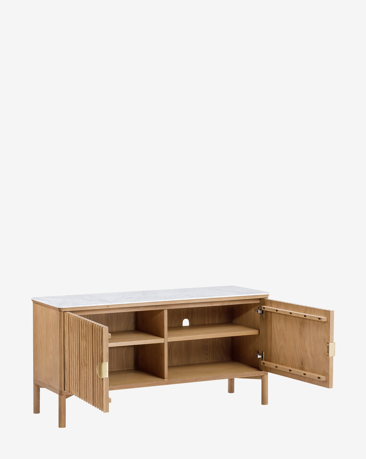 The Vale Sideboard features a light wood frame with a white top, central open shelves, two side cabinets with interior shelving, antique brass hardware, and stands on four legs, by McGee & Co.