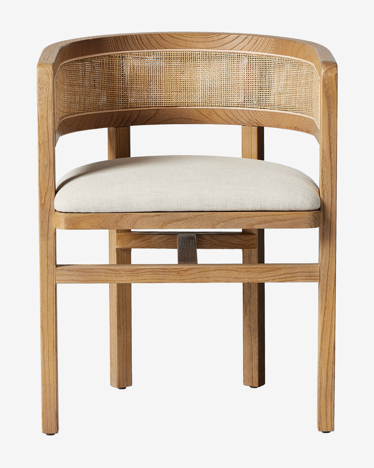 The Valissa Dining Armchair boasts a modern design with a curved open-back, cane barrel seatback, beige cushioned seat, and light wood finish for an elegant look, by McGee & Co.