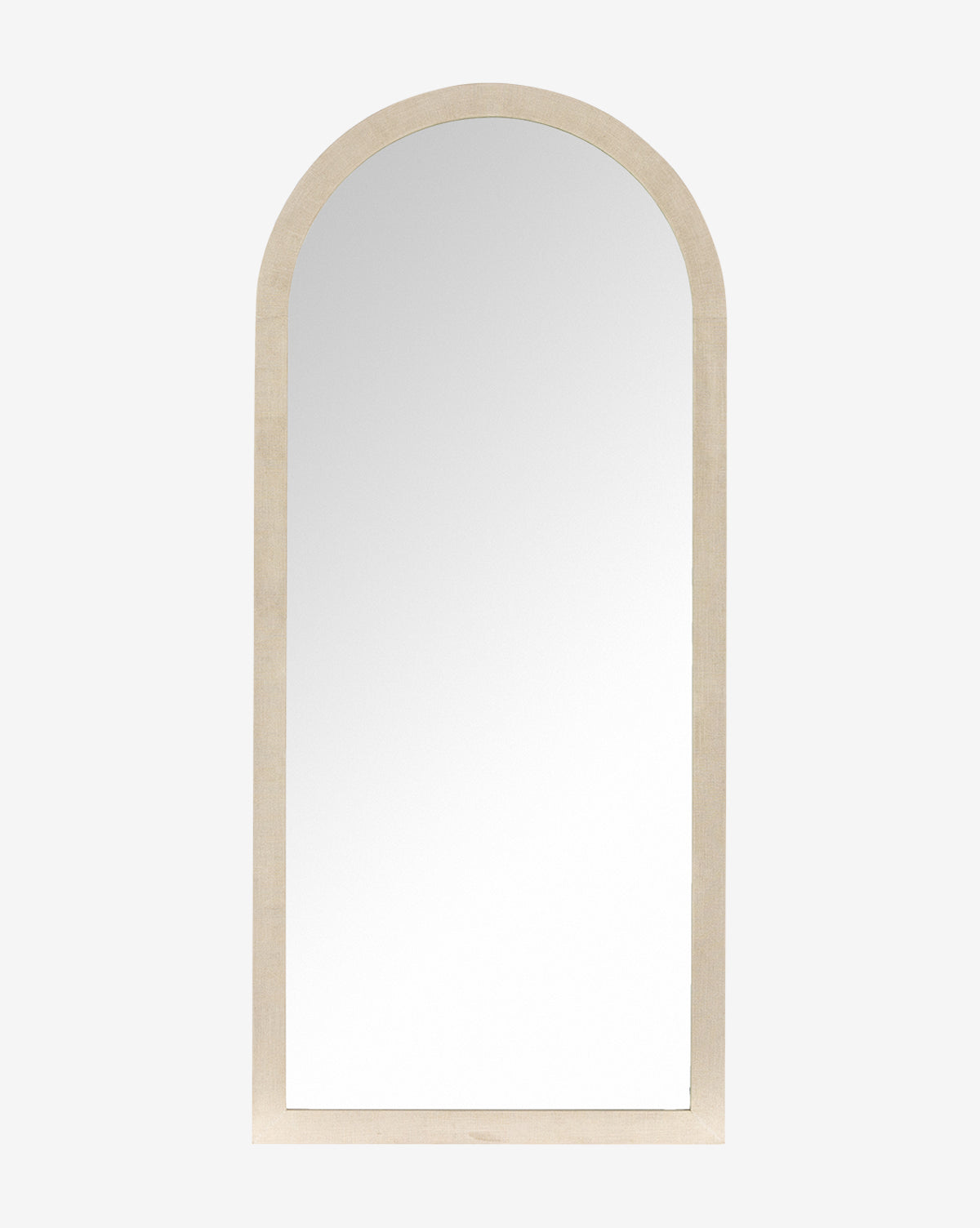 The Vallie Arched Floor Mirror, featuring a tall, slim silhouette and a light wood frame, stands elegantly against a plain white background by McGee & Co.