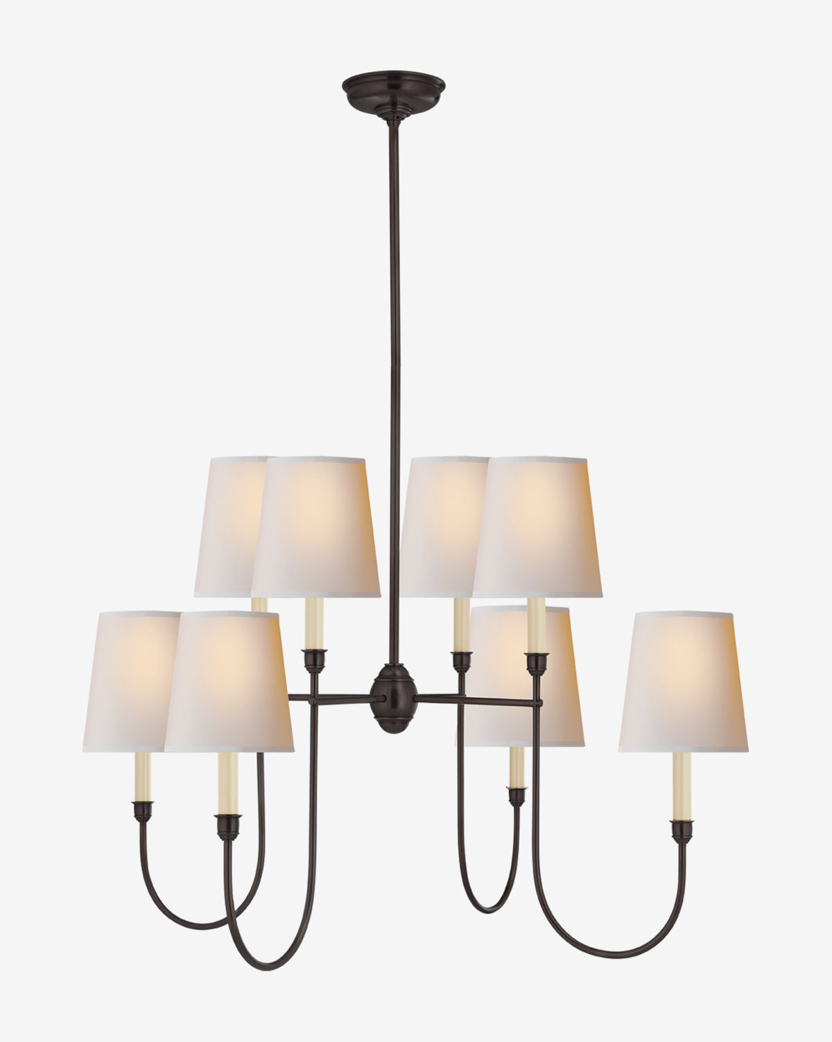 The Vendome Large Chandelier by Visual Comfort & Co. Signature has two tiers with six candelabra bulbs in white linen shades on a black metal frame, suspended from the ceiling by a central rod. McGee & Co.