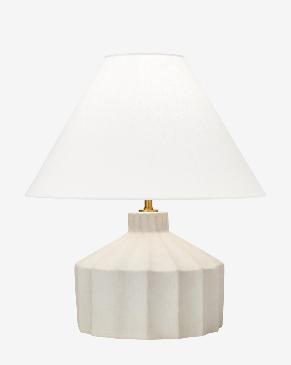 The Veneto Table Lamp boasts a white, pleated ceramic base and a wide cone-shaped shade—ideal for brightening bedrooms with any light-colored décor, by McGee & Co.