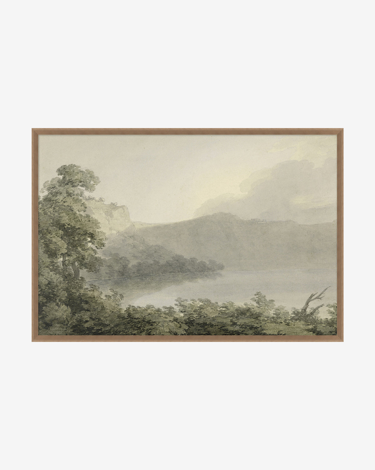 The Verde Landscape is a framed giclee print that depicts a misty lake, distant hills, and lush green trees in soft, muted tones for a tranquil, serene atmosphere.