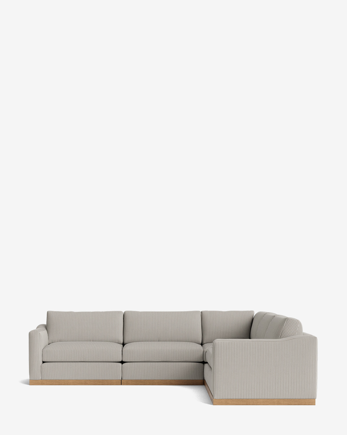 The Vernon Modular L Sectional 117.5 features light gray, vertically striped upholstery and a wooden base, displayed against a plain white background by McGee & Co.