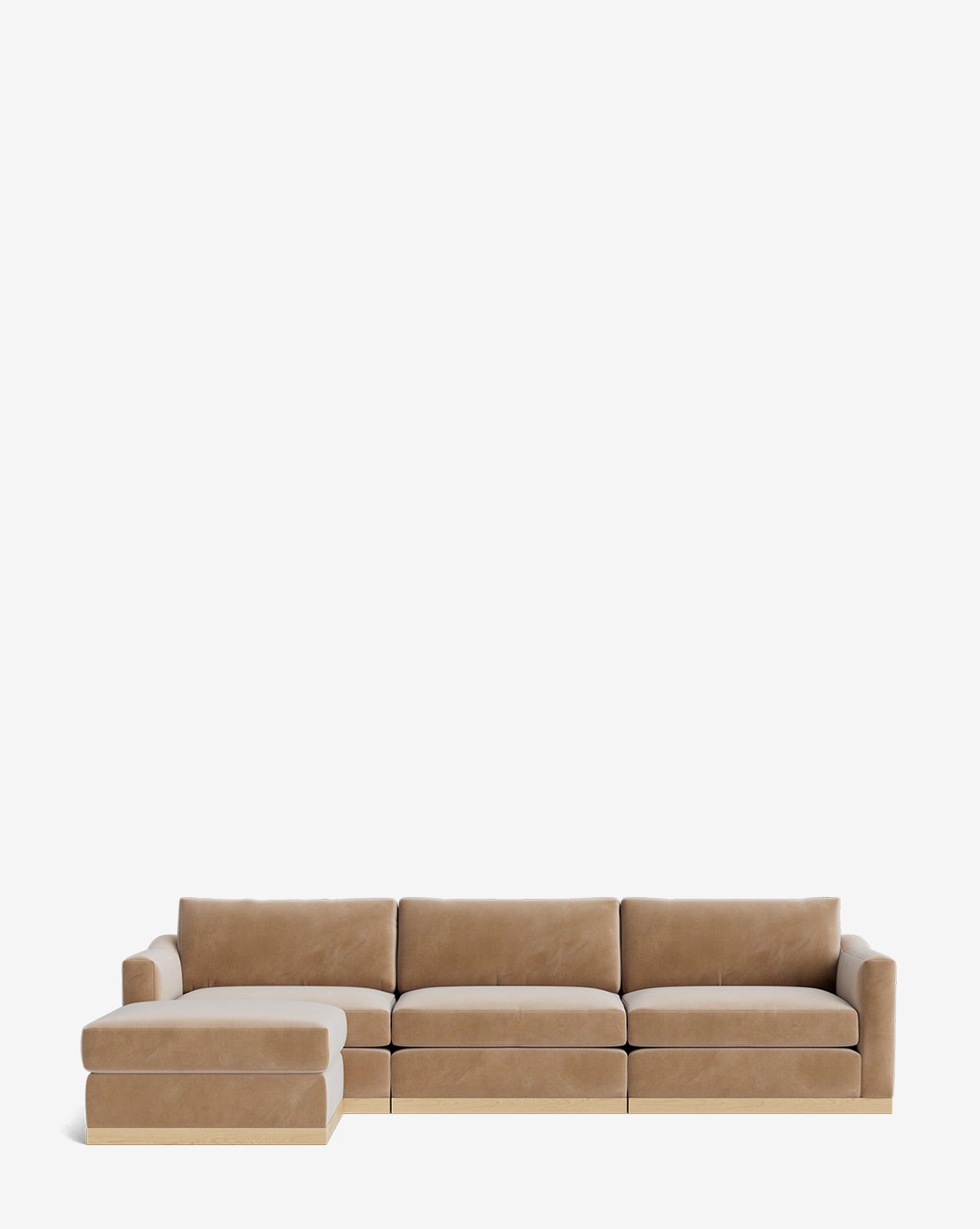 The Vernon Modular Sofa with Ottoman 121 is a tan fabric sectional featuring four seat cushions, a left chaise lounge, and a matching ottoman. Set against a plain white background, it adds customizable comfort and style to your living space by McGee & Co.