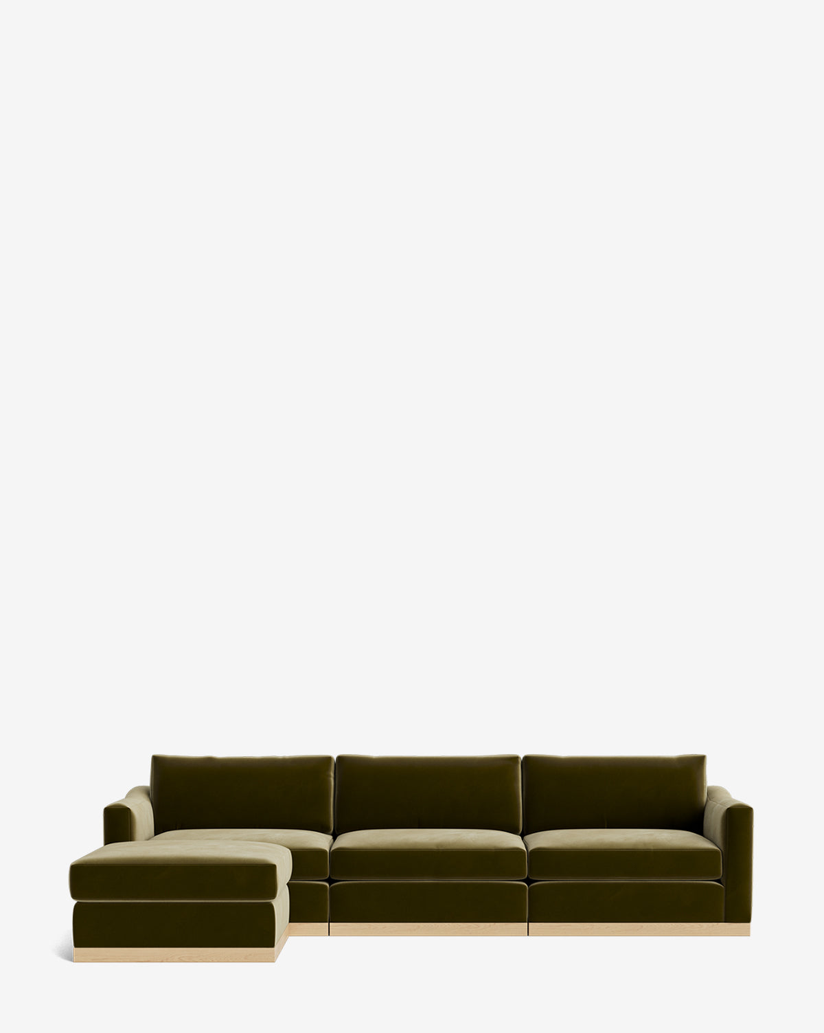 The Vernon Modular Sofa with Ottoman 121 is a modern olive green sectional featuring three seats, a left-side chaise, and an ottoman. Shown against a plain white background, this customizable fabric sofa blends comfort and style for any living space by McGee & Co.