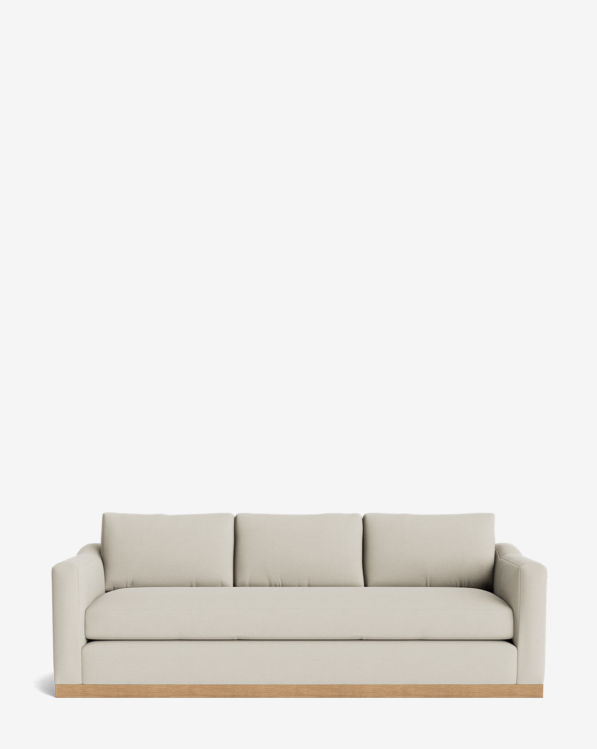 The Vernon Sofa 92 is a modern beige velvet sofa with three seat and back cushions, straight arms, and an alder wood frame, shown against a plain white background by McGee & Co.