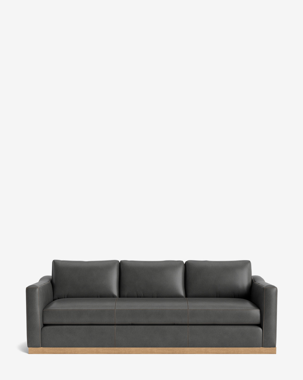 The Vernon Sofa 92 features a modern dark gray leather design with three seat cushions, square arms, and an alder wood frame, shown against a plain white background by McGee & Co.