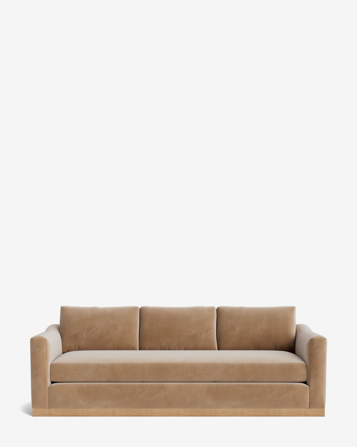 The Vernon Sofa 92 is a modern beige three-seater with clean lines, plush back and seat cushions, an alder wood frame, and low square arms, shown against a plain white background by McGee & Co.