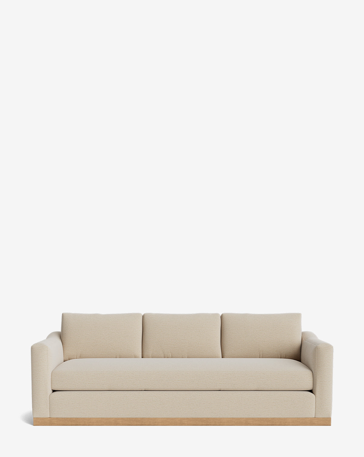 The Vernon Sofa 92 is a modern beige velvet sofa with three seat and back cushions, wide armrests, and an alder wood frame, shown against a plain white background by McGee & Co.