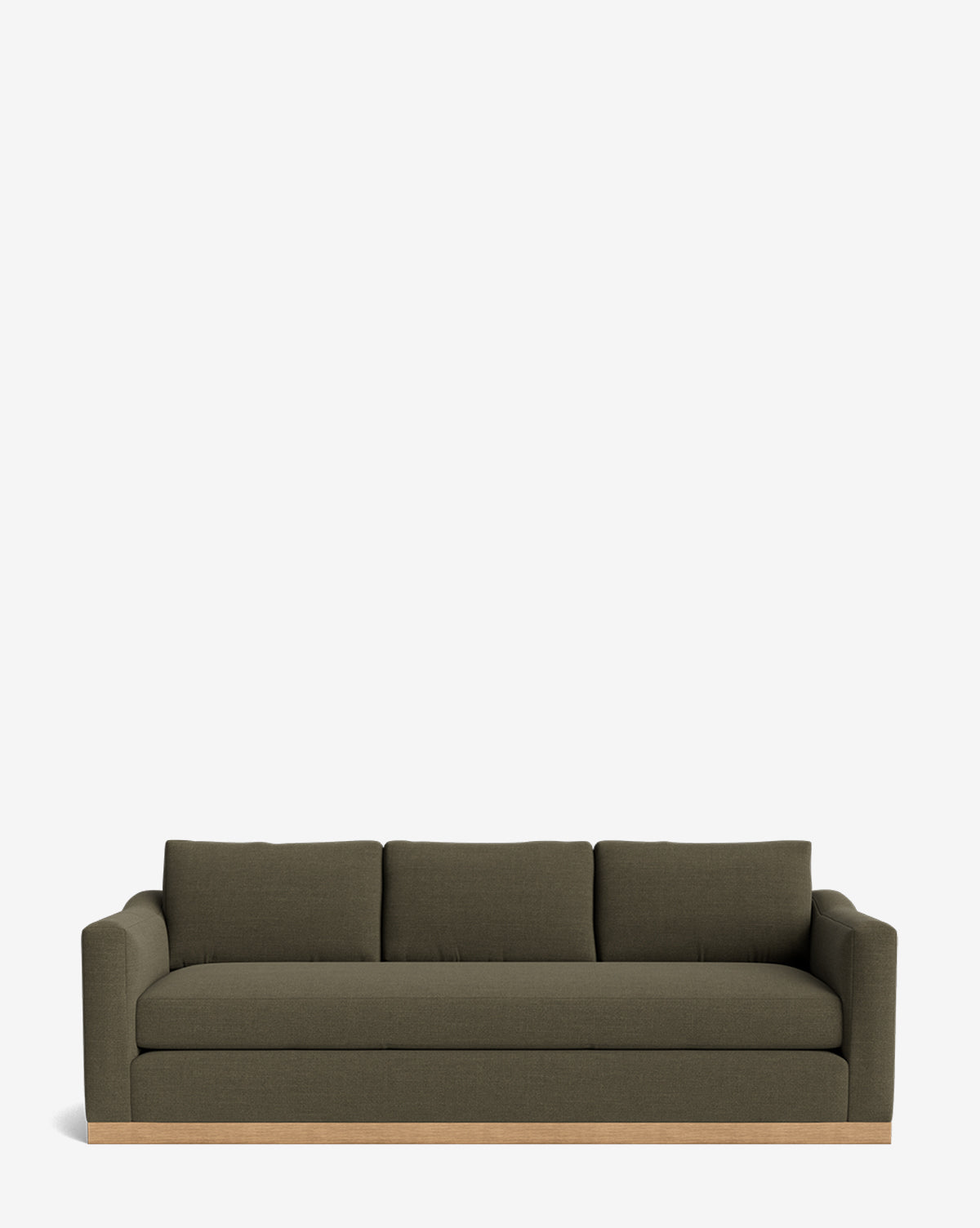 The Vernon Sofa 92 features three seat cushions, a modern dark olive green design, and an alder wood frame, showcased against a plain white background, by McGee & Co.