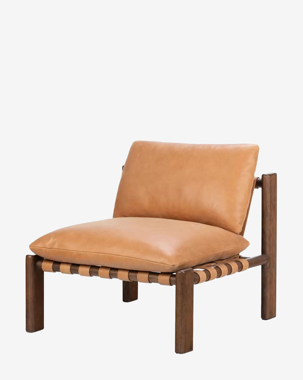 The Vevina Lounge Chair features top grain leather tan cushions, a wide seat, and angled backrest on a dark wooden frame with visible strap detailing, all set against a plain white background by McGee & Co.