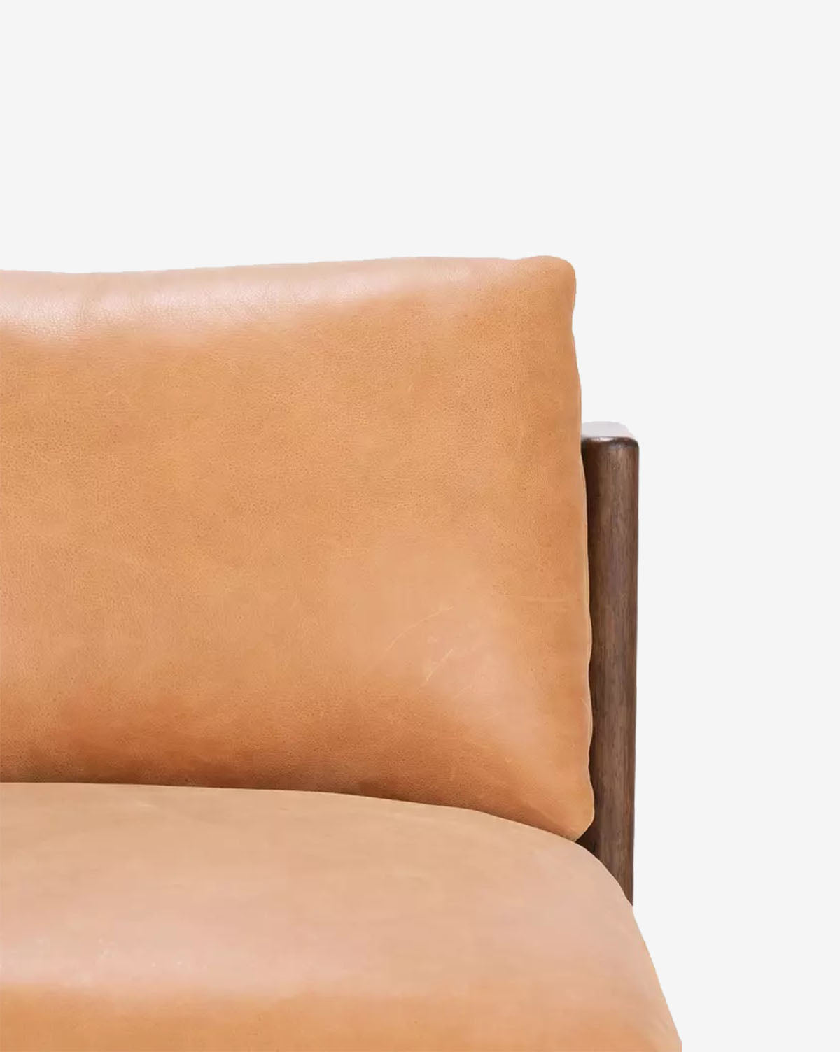 A close-up of the Vevina Lounge Chair highlights its modern design, featuring tan top grain leather, cushion padding, and a visible wooden frame against a plain white background by McGee & Co.