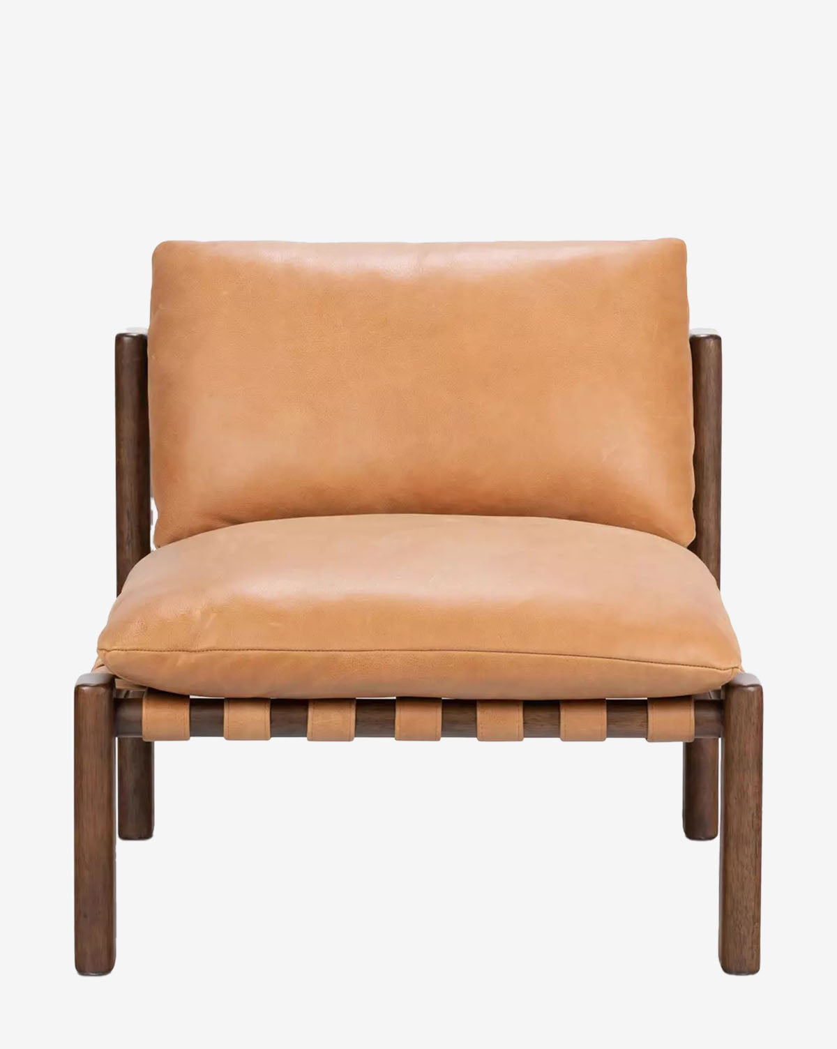 The Vevina Lounge Chair features a top grain leather cushion, wooden frame, and visible leather strap support, showcased against a plain white background by McGee & Co.