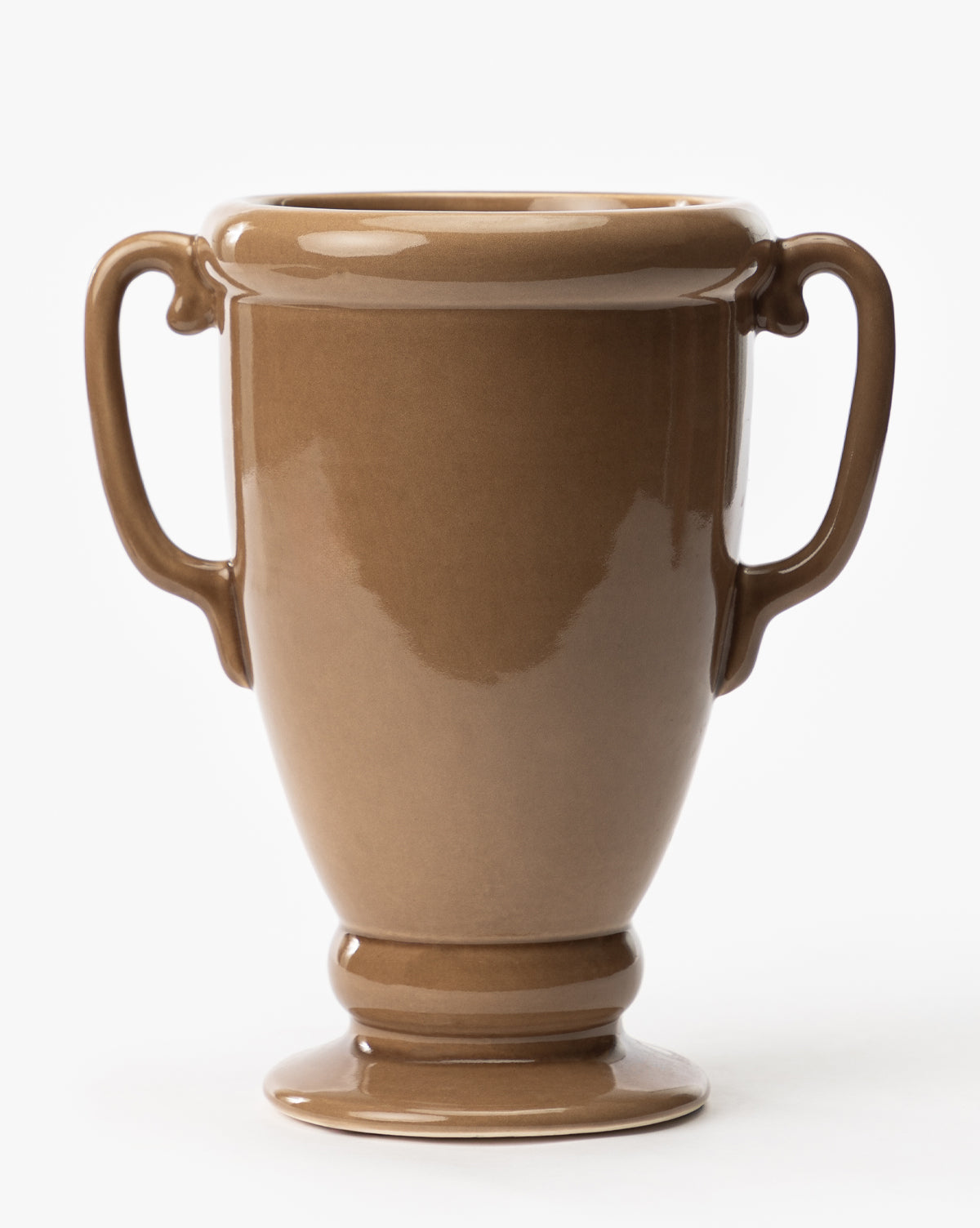 The Victoire Vase features a glossy brown finish, dual handles, a wide circular opening, and a flared pedestal base, displayed against a plain white background, by McGee & Co.