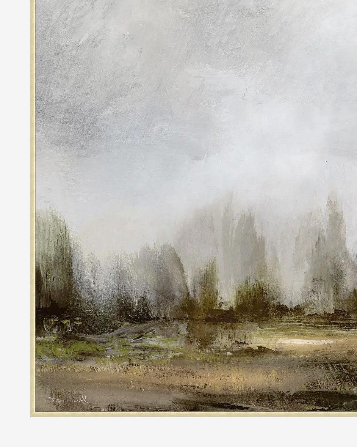 Victoria Overlook by Dan Hobday is a gallery-wrapped canvas artwork depicting misty trees in earthy green, brown, and gray tones, creating a peaceful, impressionist landscape where land and sky blend beautifully, by McGee & Co.