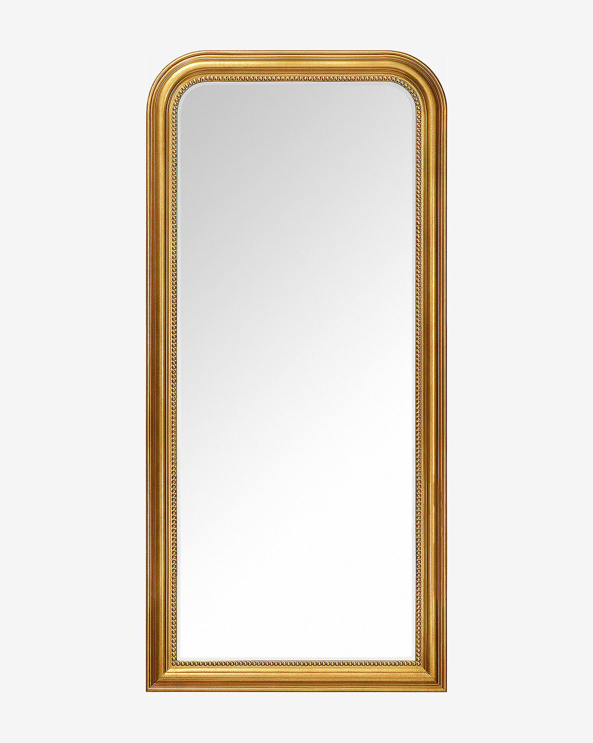 The Vienna Mirror features a tall, rectangular shape with rounded top corners and a decorative gold-leaf finish frame, displayed against a plain white background, by McGee & Co.