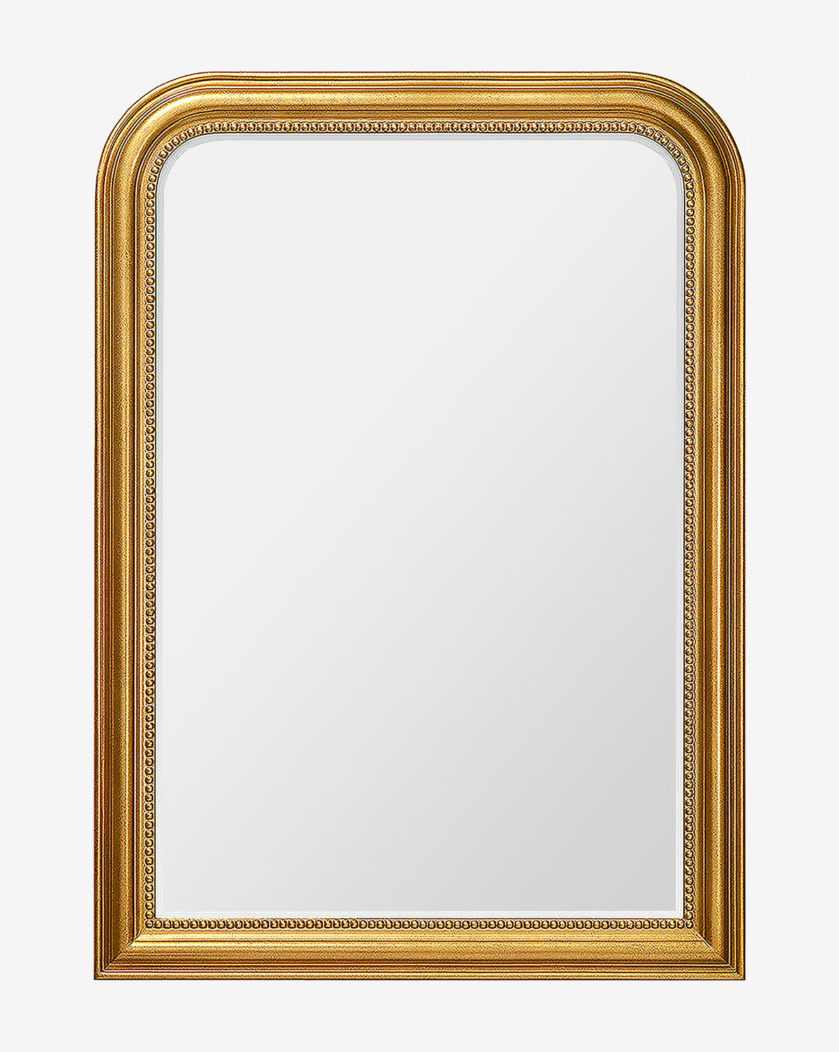 The Vienna Mirror is a large, rectangular mirror with a rounded top and an ornate gold-leaf frame featuring intricate detailing and a timeless molded border, displayed against a plain white background by McGee & Co.