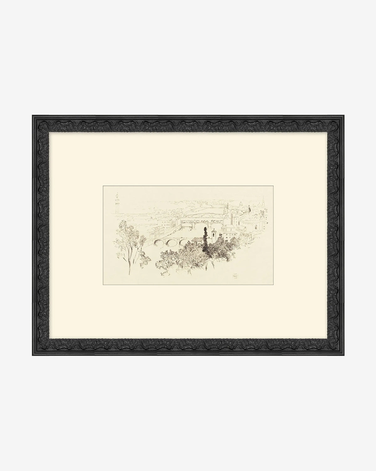 View From Florence features a cityscape with trees in the foreground and distant domes and towers, all drawn in fine black lines on cream matte paper, bordered by a wide beige mat, by McGee & Co.