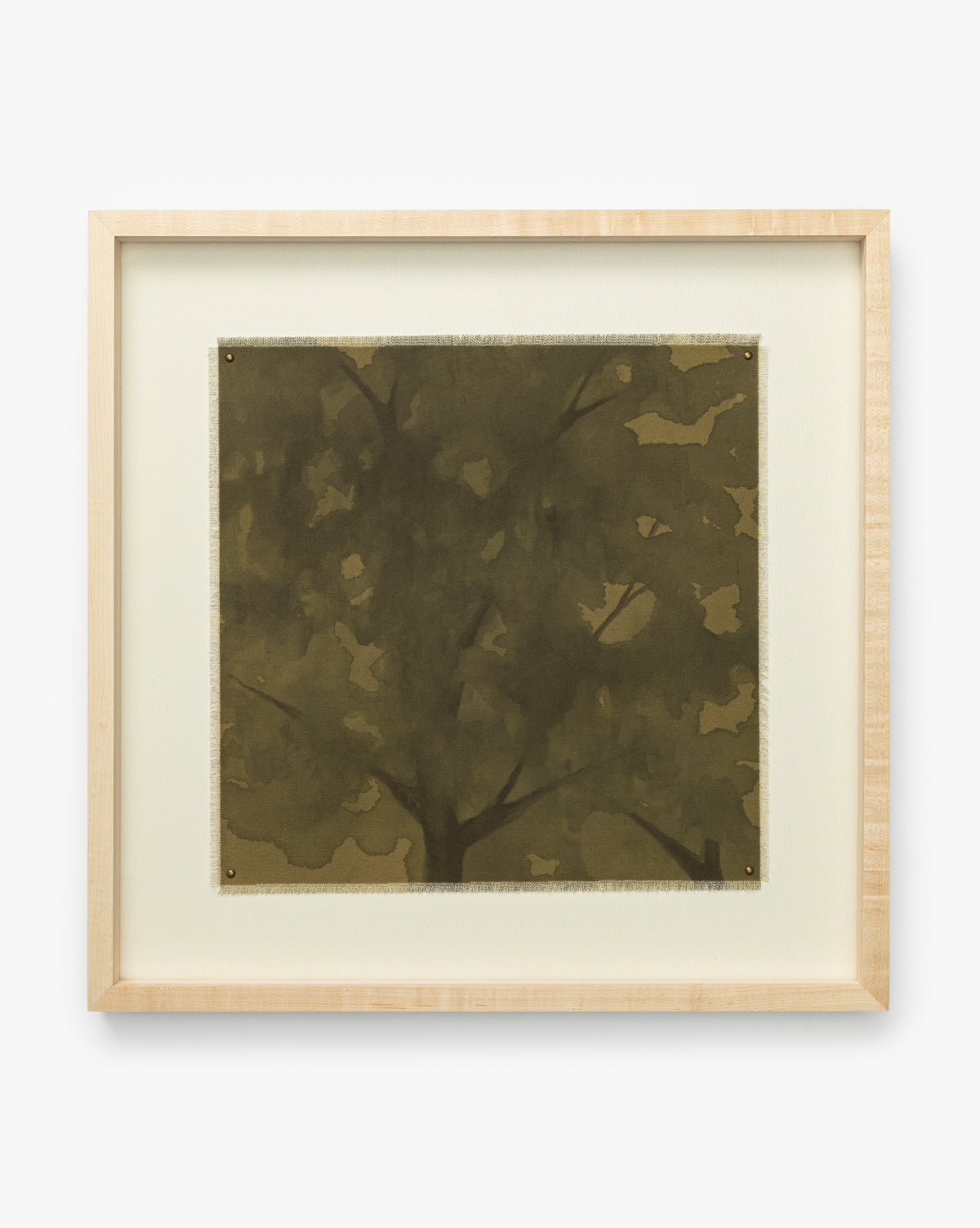 Viewpoint by Britney Schulz is a framed artwork featuring abstract, muted green and brown tree branches and leaves, with soft edges and texture, set on a neutral background in a light oak frame for a museum-quality canvas finish, by McGee & Co.