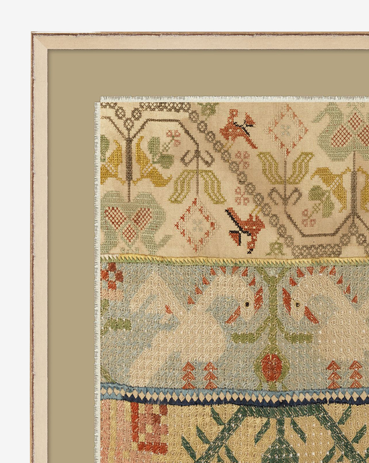 Vintage Textile I: A framed vintage textile sampler with intricate, colorful embroidery—birds, flowers, and geometric shapes—partially cropped on the right; a unique piece of decorative wall art.