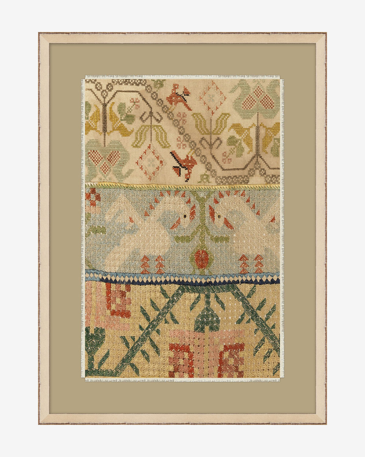 Vintage Textile l: Framed fabric sampler with three hand-stitched pattern sections in muted greens, reds, and creams on a tan mat in a light wood frame—perfect as decorative wall art.