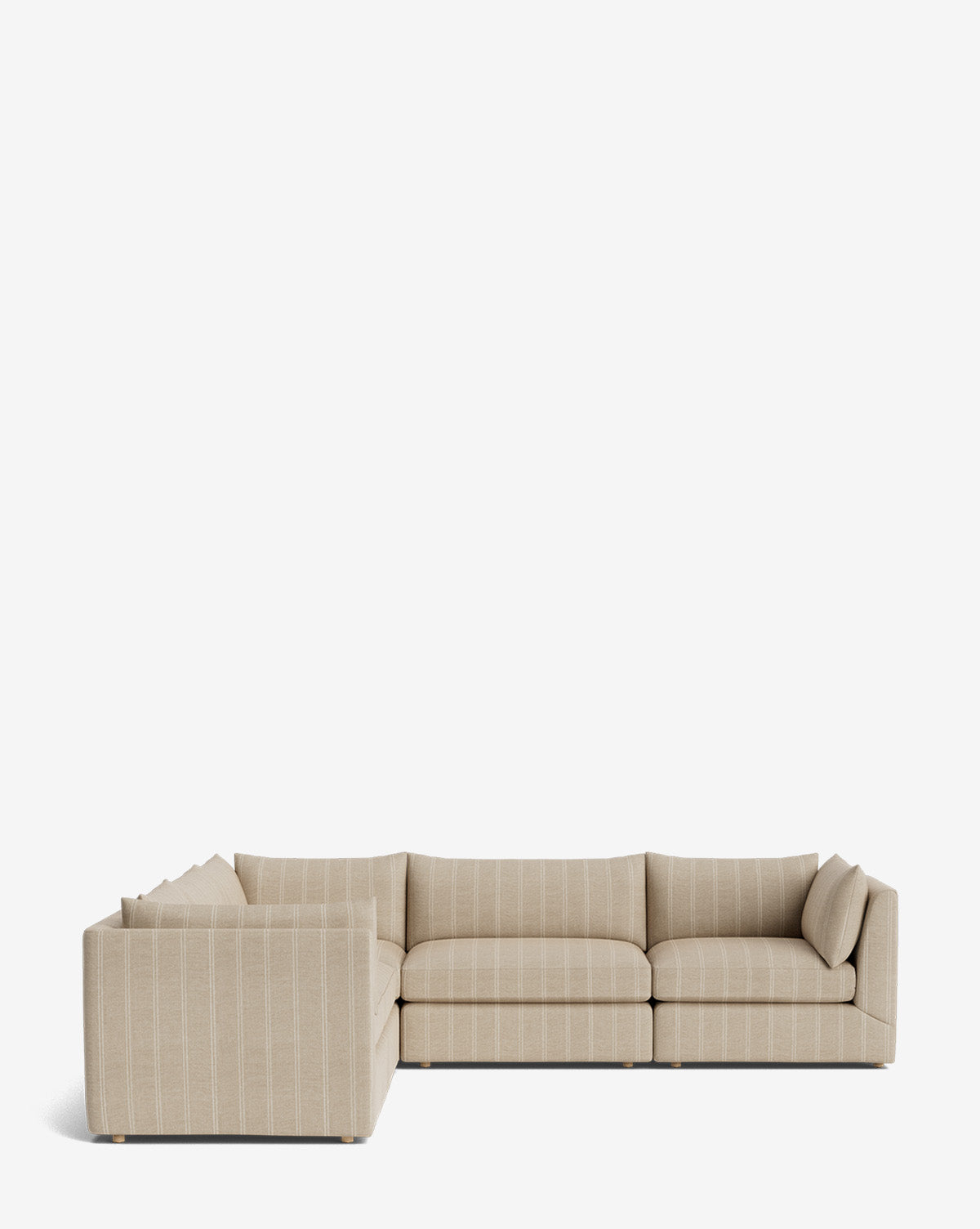 The Vivienne Modular L Sectional features a beige color with subtle vertical stripes and low-profile cushions, crafted from high-quality fabric, displayed against a plain white background, by McGee & Co.