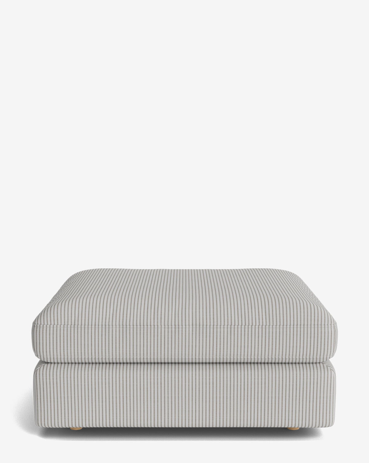 The Vivienne Modular Ottoman is handmade with light gray and white vertical stripes, a cushioned top, and a low profile, shown against a plain white background by McGee & Co.