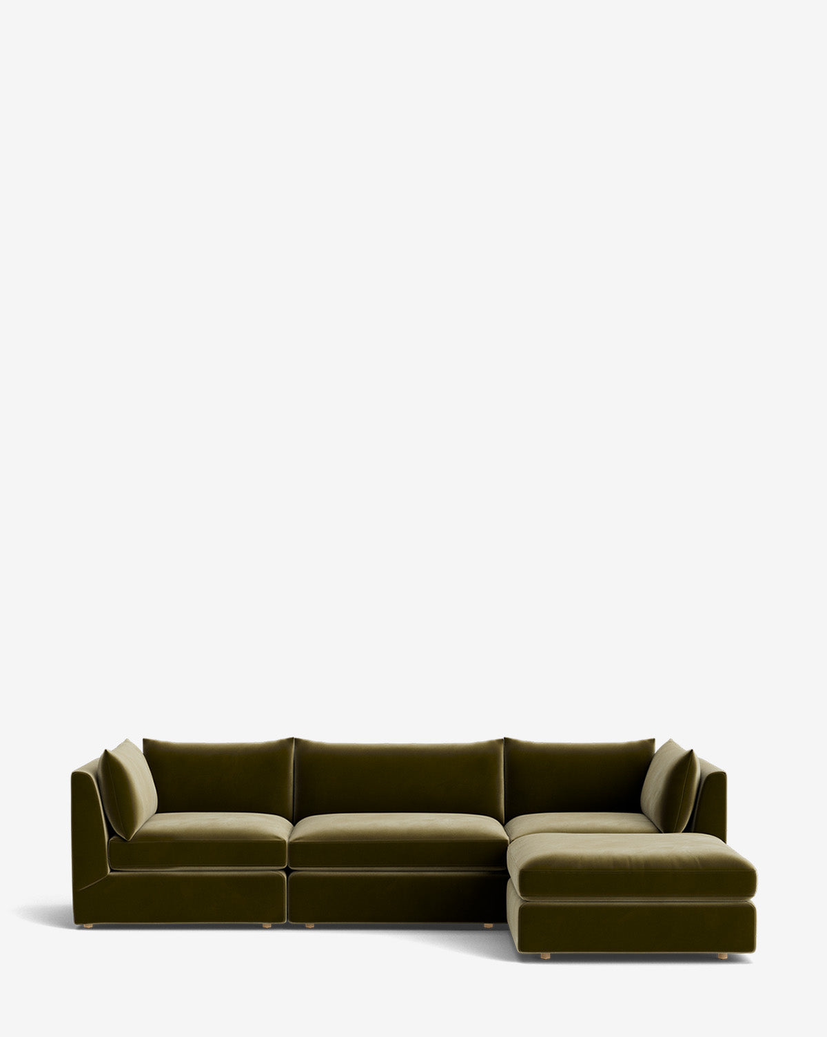 The Vivienne Modular Sofa with Ottoman is a modern handmade olive green sofa featuring three seat sections and a right-side chaise lounge, shown against a plain white background by McGee & Co.