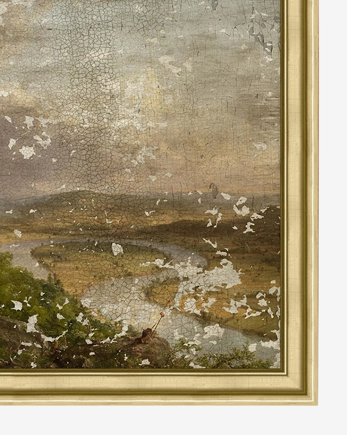 A close-up of Wanderers View reveals a winding river through a landscape in vintage wall art style, with evident fading, cracks, missing paint, and signs of age within its ornate gold frame, by McGee & Co.