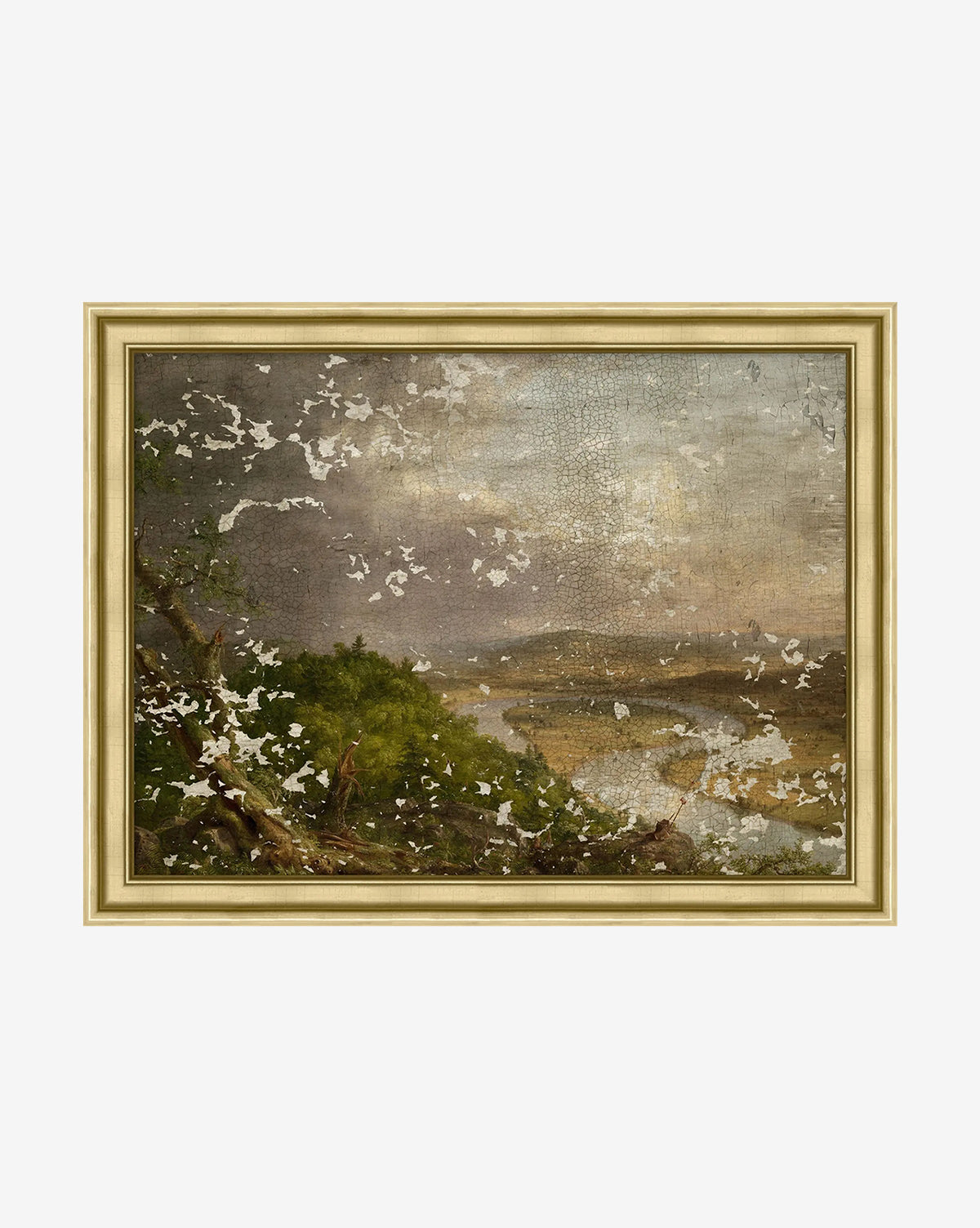 The Wanderers View framed vintage wall art features trees and distant hills beneath a cloudy sky. Crackle finish, peeling, and faded areas obscure parts of the scene, enhancing its antique charm by McGee & Co.