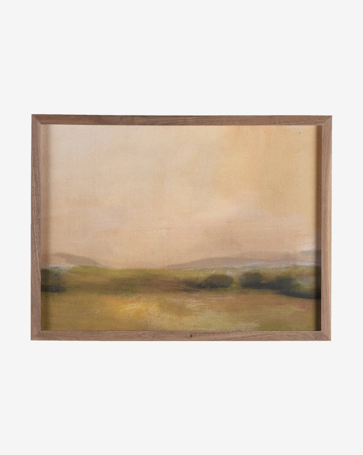 Formation by Dan Hobday is a framed painting featuring soft, blurred green fields, distant hills, and a hazy sky in warm tones—an ideal gallery-quality art piece for any space.