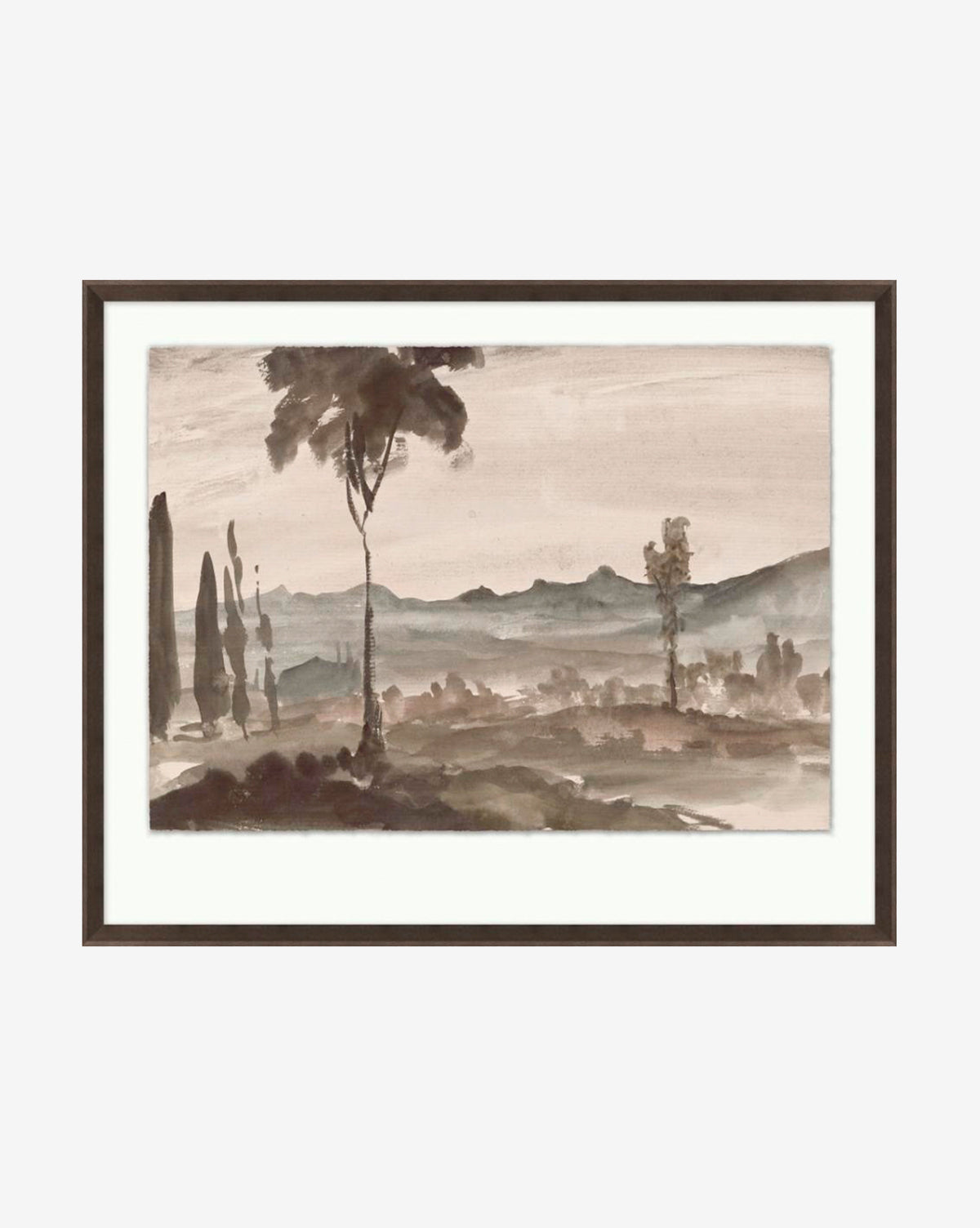 Washed Terrain I framed watercolor art print features a serene landscape with distant mountains, trees, and a calm sky in muted brown and gray tones on fine art paper.