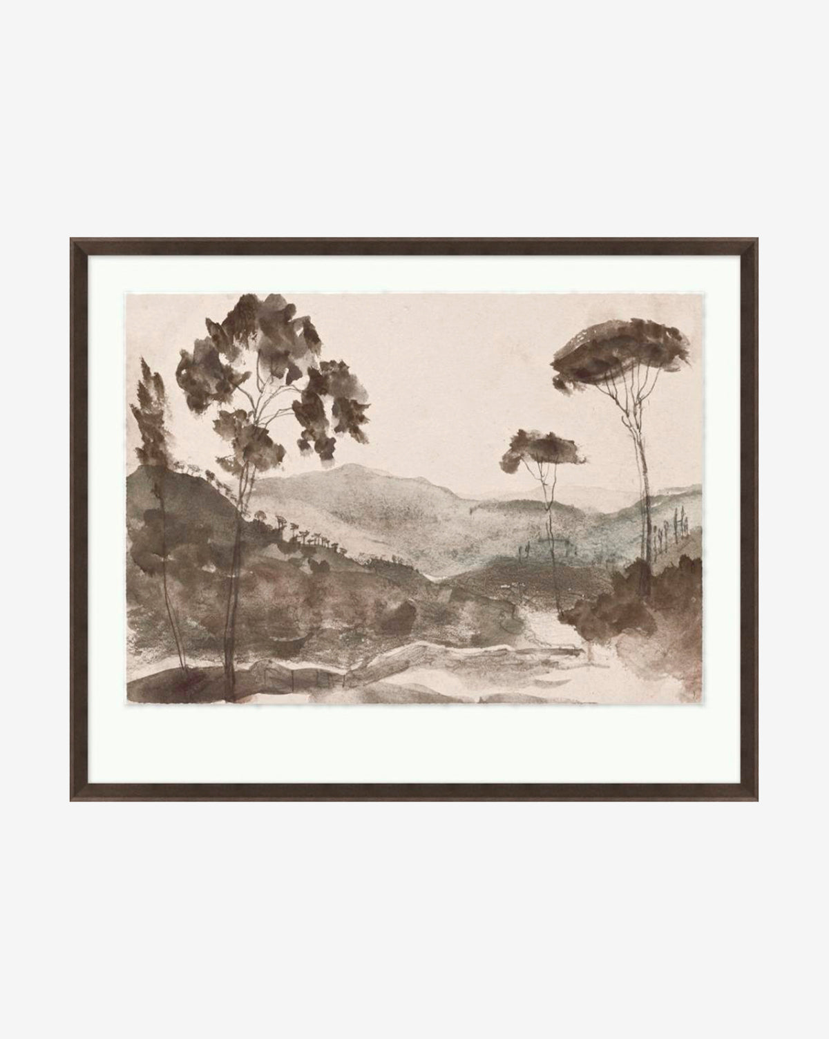 Washed Terrain II: A framed, monochrome watercolor art print on fine art paper shows a serene landscape with rolling hills, trees, and distant mountains under a hazy sky.