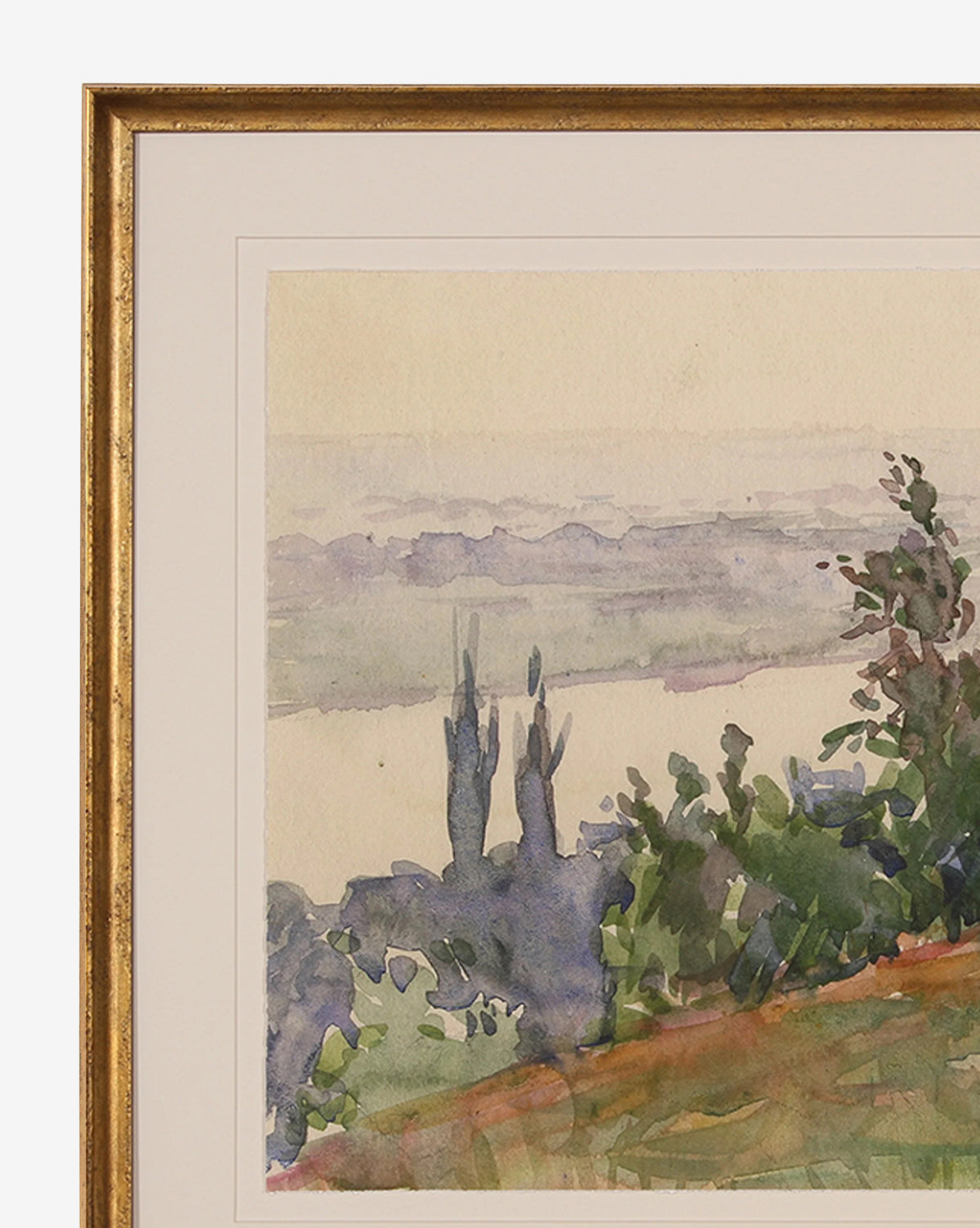 The “Watercolor Garden” features a gold-framed landscape with trees, bushes, and distant hills or water beneath a pale sky; only the upper left section of this botanical art is visible.