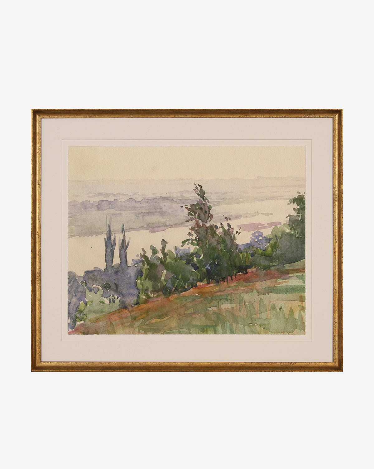 Watercolor Garden is a framed giclee print featuring botanical art of a tranquil landscape with trees, greenery, and faint buildings in a misty background. Soft, muted watercolors create a serene atmosphere.