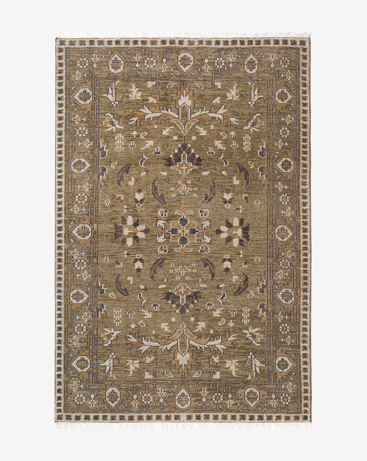 The Wayland Hand-Knotted Wool Rug features a rectangular shape with an intricate, symmetrical floral and geometric pattern in earthy brown, beige, and olive tones, finished with a decorative border and short white fringe, by McGee & Co.