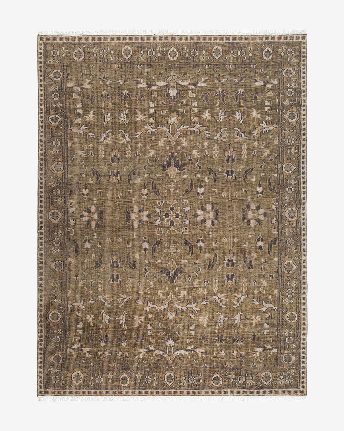 The Wayland Hand-Knotted Wool Rug is a square, olive-green rug featuring ornate beige and brown floral and geometric patterns with intricate borders and symmetrical artisan designs by McGee & Co.