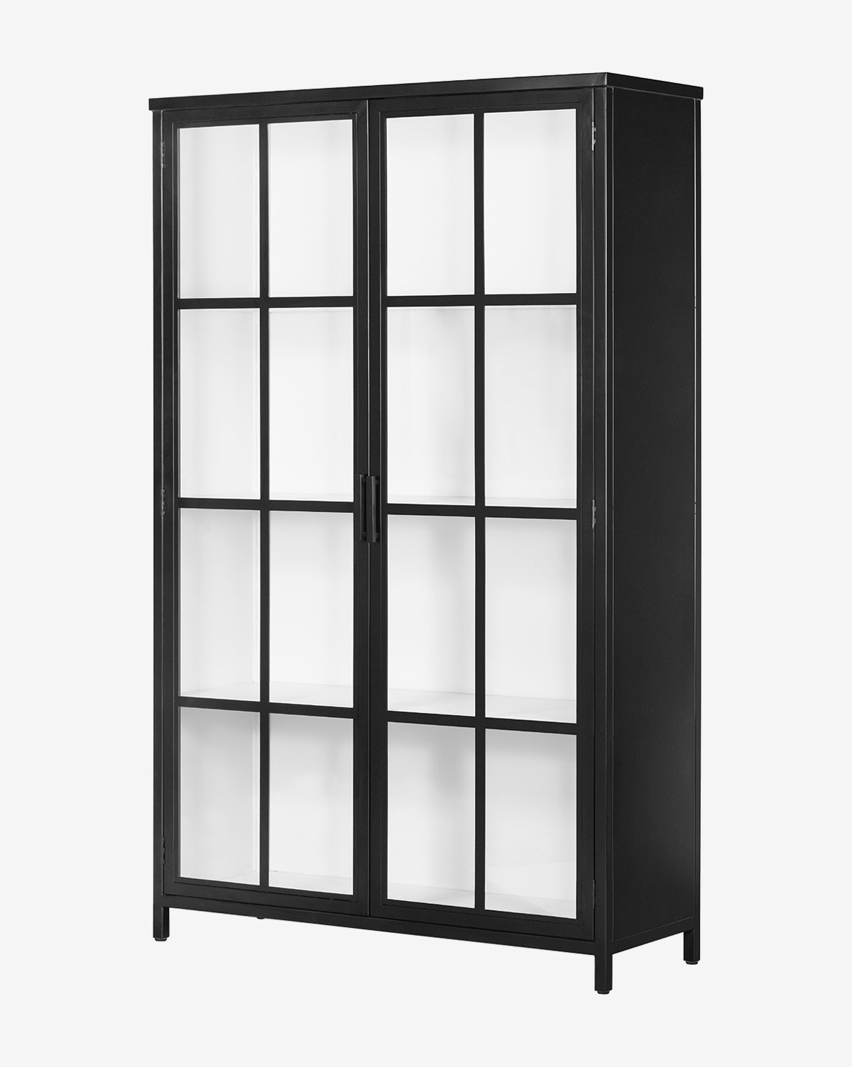 The Waylon Cabinet has a sleek black iron frame, two glass doors with rectangular tempered panes, and stands elegantly on four sturdy legs, by McGee & Co.