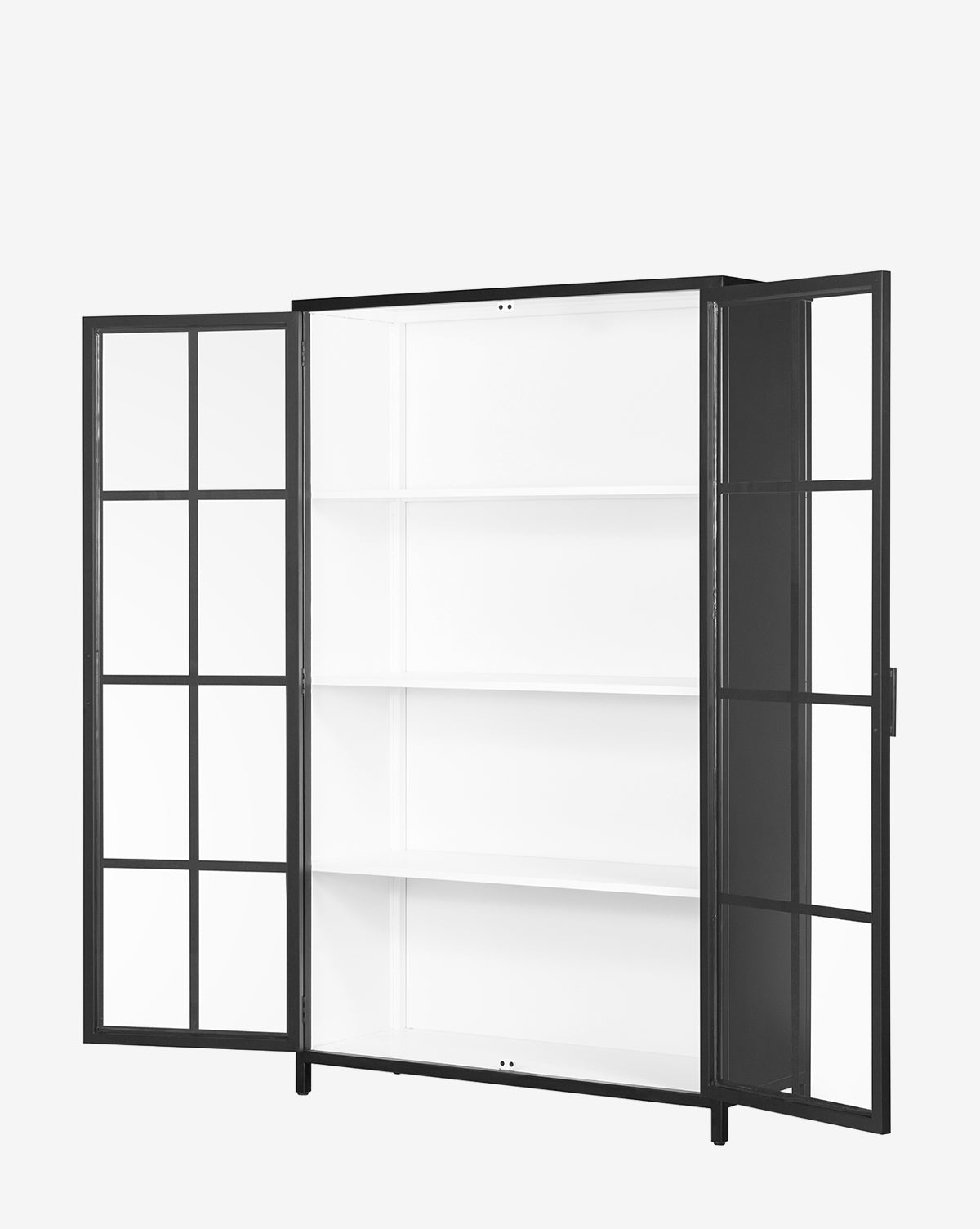The Waylon Cabinet features a black-finished iron frame and tempered glass doors, shown open to display three white interior shelves, set against a plain white background by McGee & Co.