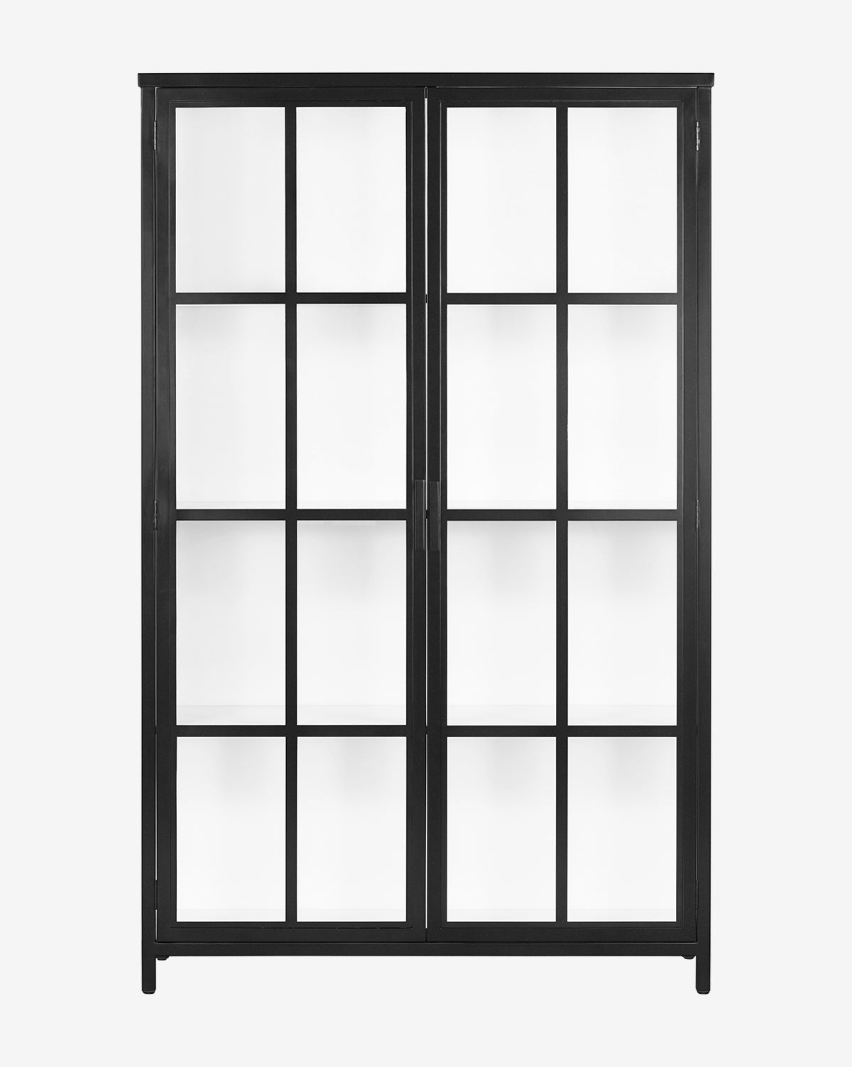 The Waylon Cabinet has a black iron frame, two tempered glass doors with rectangular pane grids, and stands on four short legs, by McGee & Co.